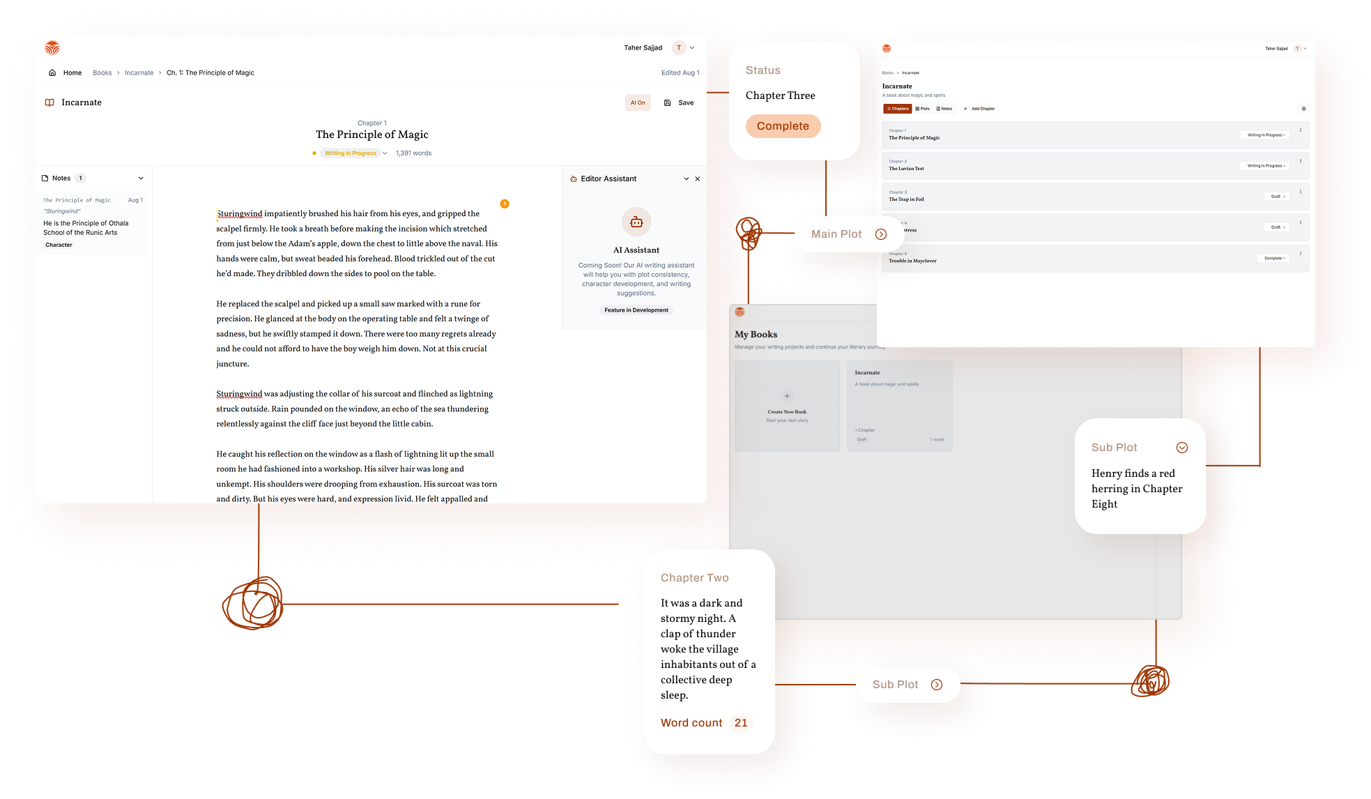 Yarn story visualization showing connected plot threads, chapters, and story elements